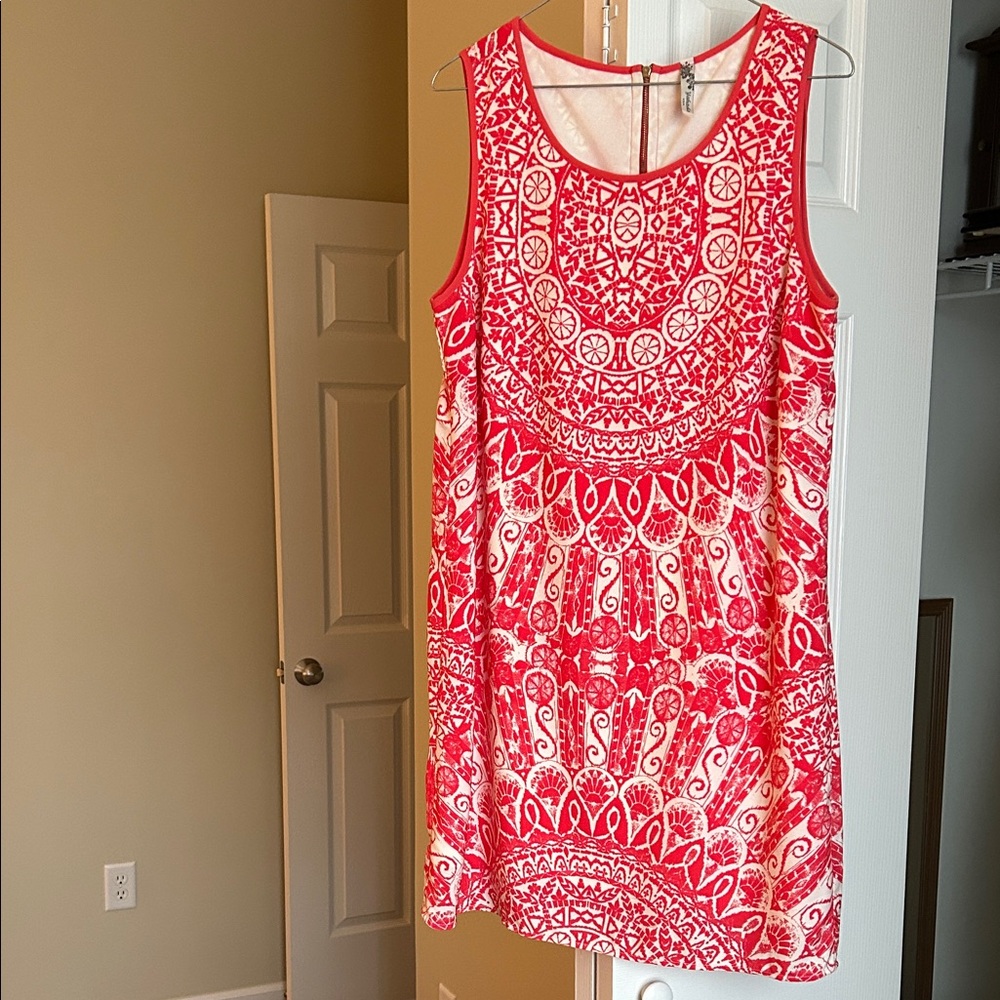 Yahada Orange and White Patterned Sleeveless Shift Dress